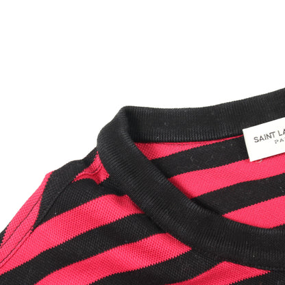 ロゴ刺繍 ボーダー 半袖Tシャツ コットン ピンクレッド ブラック サンローランパリ トップス SAINT LAURENT PARIS