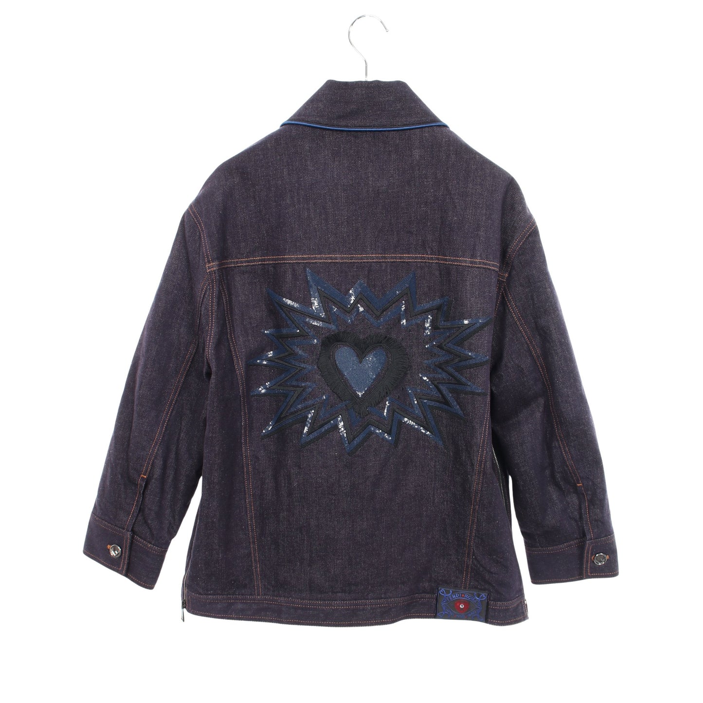 OPEN YOUR HEART シグネチャーハート刺繍 中綿 デニムジャケット コットン インディゴブルー フェンディ