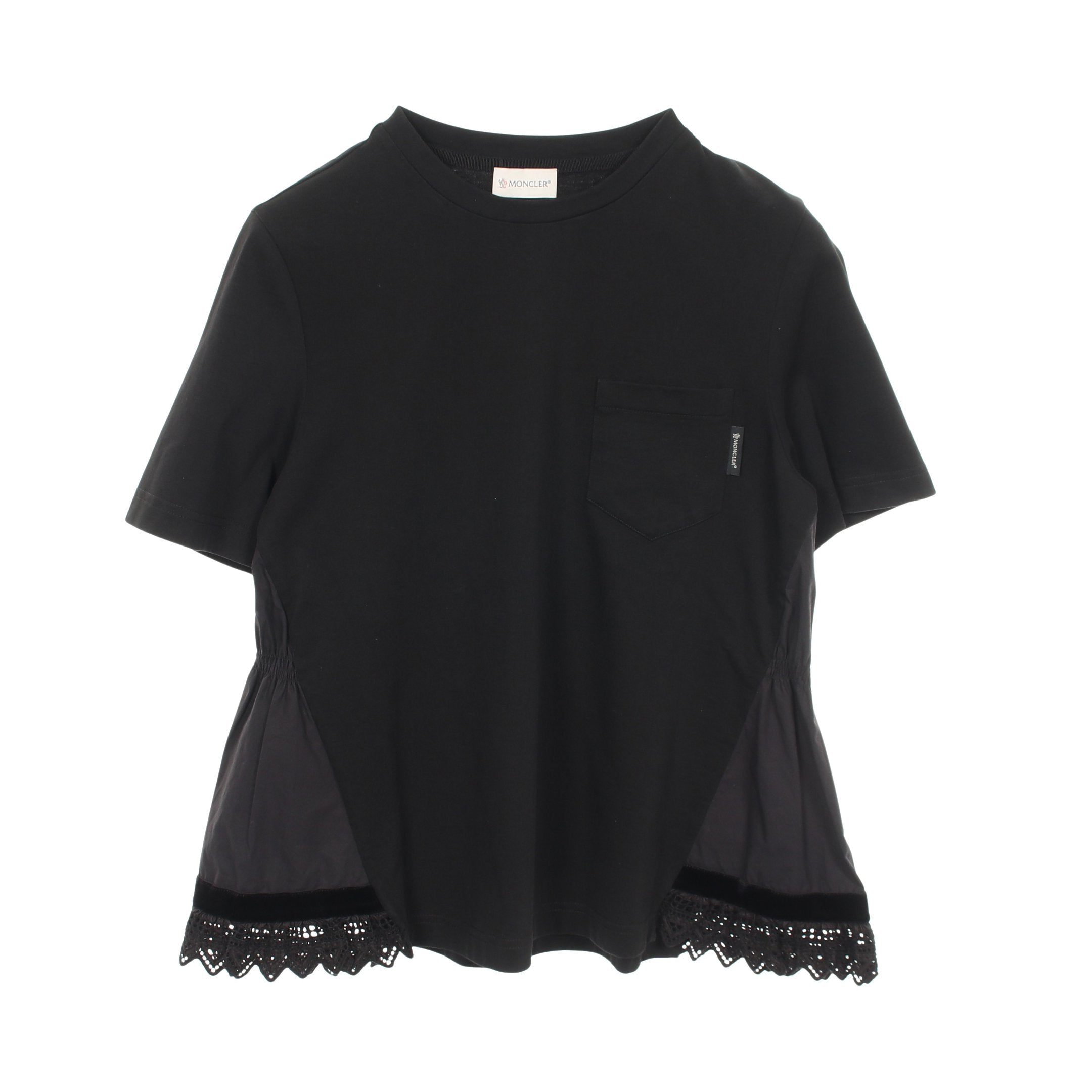 MONCLER ブラック Tシャツ ポケット付き レース切替 ポケット付き 半袖Tシャツ コットン ブラック モンクレール