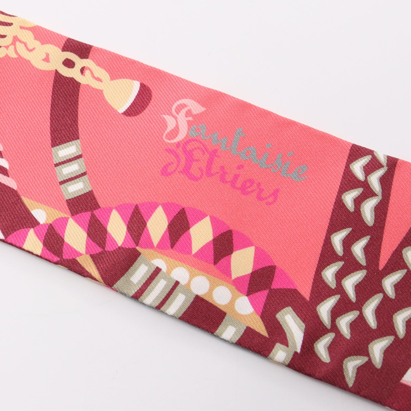 ツイリー Fantaisie d'Etriers リボン スカーフ シルク ピンク ボルドー マルチカラー エルメス