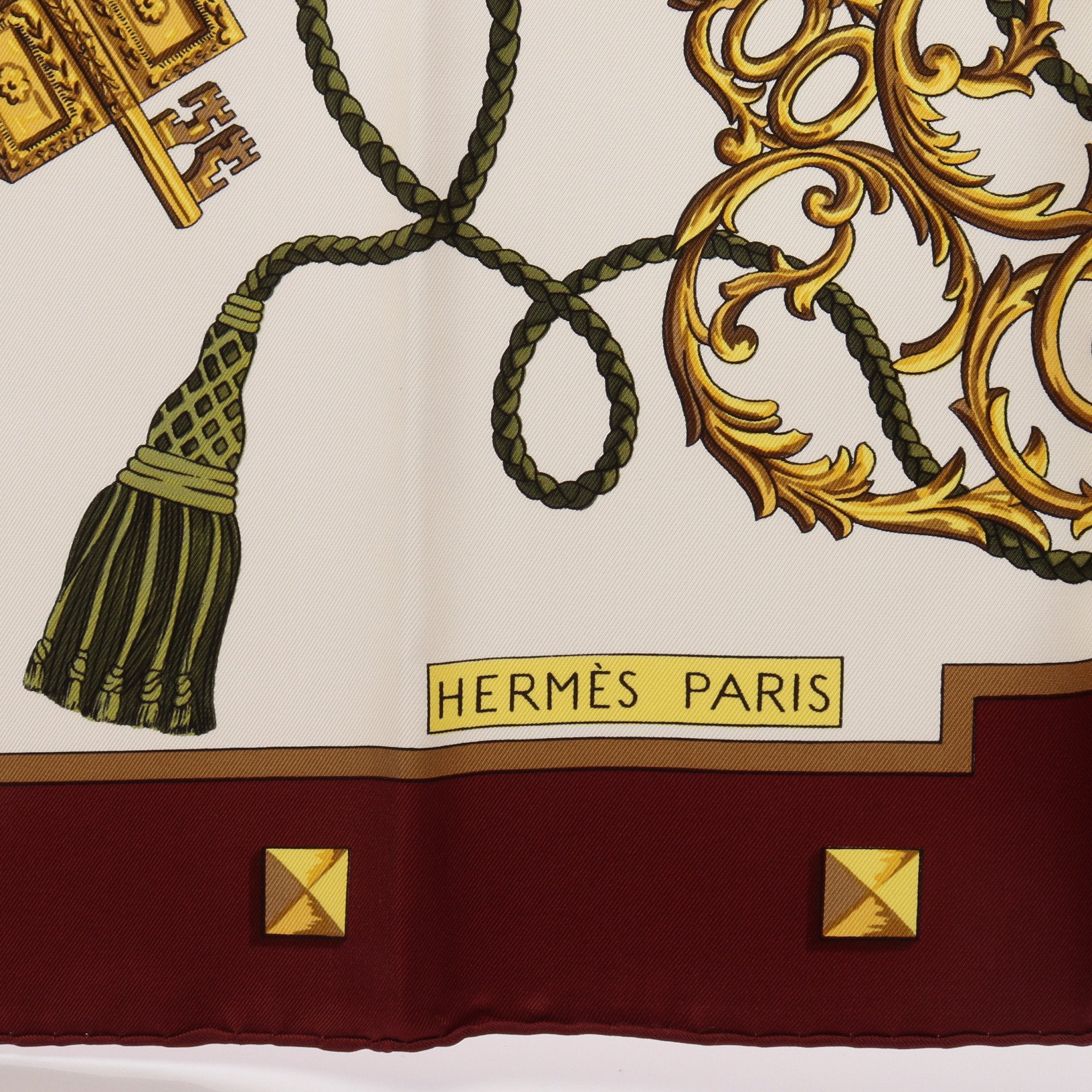 HERMES バーガンディ シルク スカーフ カレ90 Les Cles スカーフ シルク オフホワイト バーガンディ マルチ