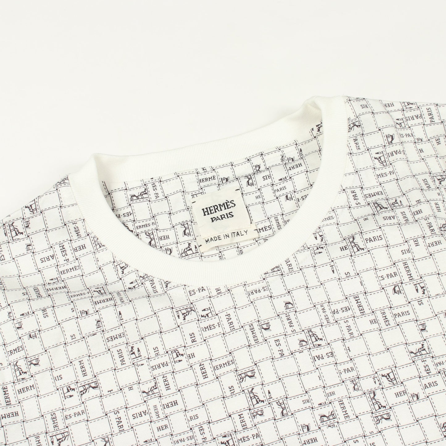 ボルデュックチェック クルーネック 半袖Tシャツ コットン ホワイト エルメス