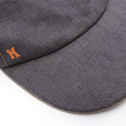 H刺繍 キャップ リネン インディゴブルー エルメス