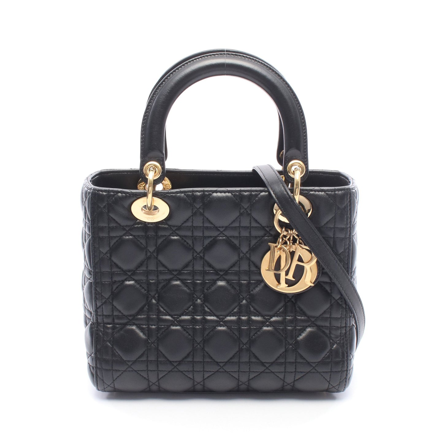 LADY DIOR レディディオール カナージュ 2WAY ハンドバッグ レザー ブラック クリスチャンディオール