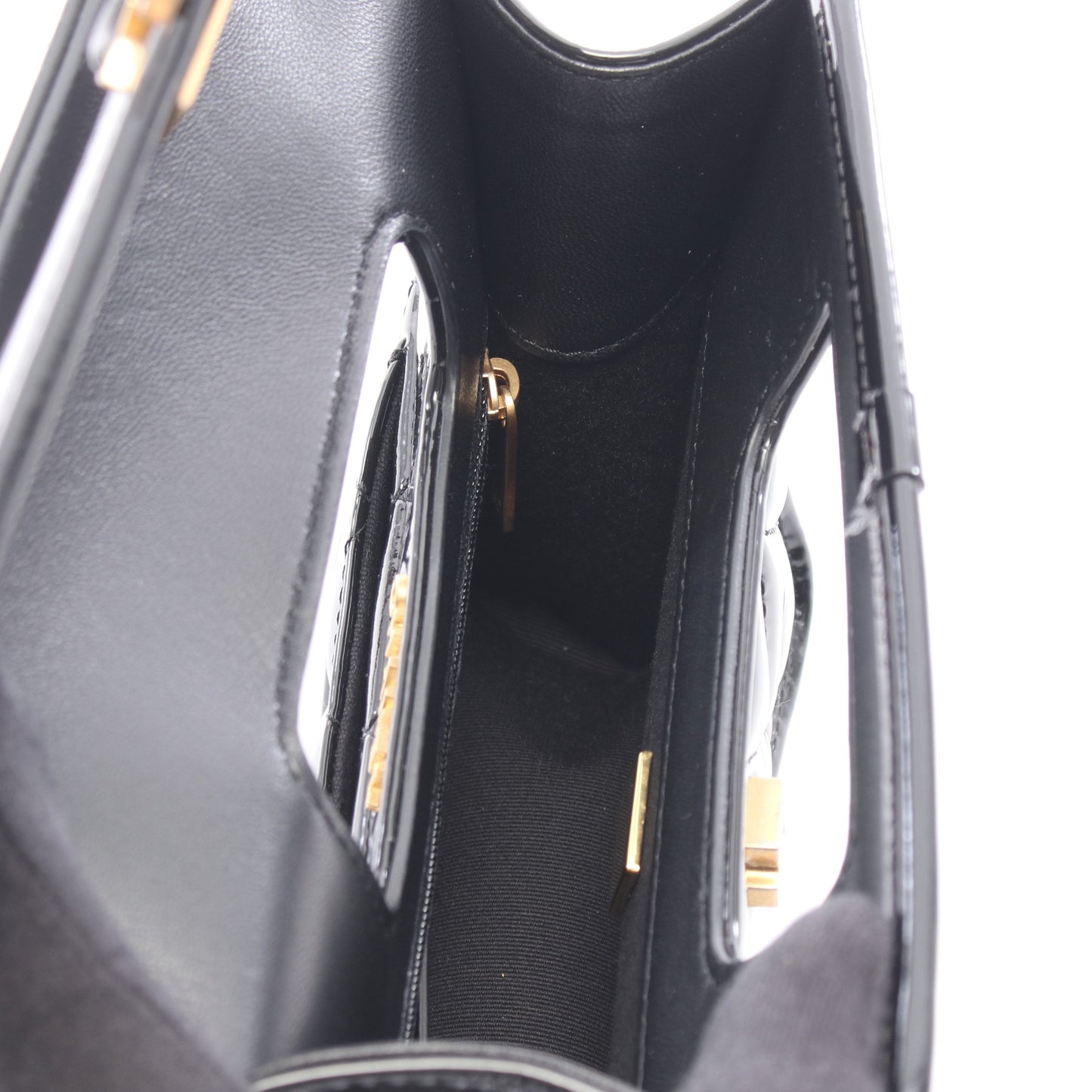 マトラッセ トップハンドル ミニ フラップバッグ チェーンショルダーバッグ エナメルレザー ブラック ゴールド金具 シャネル