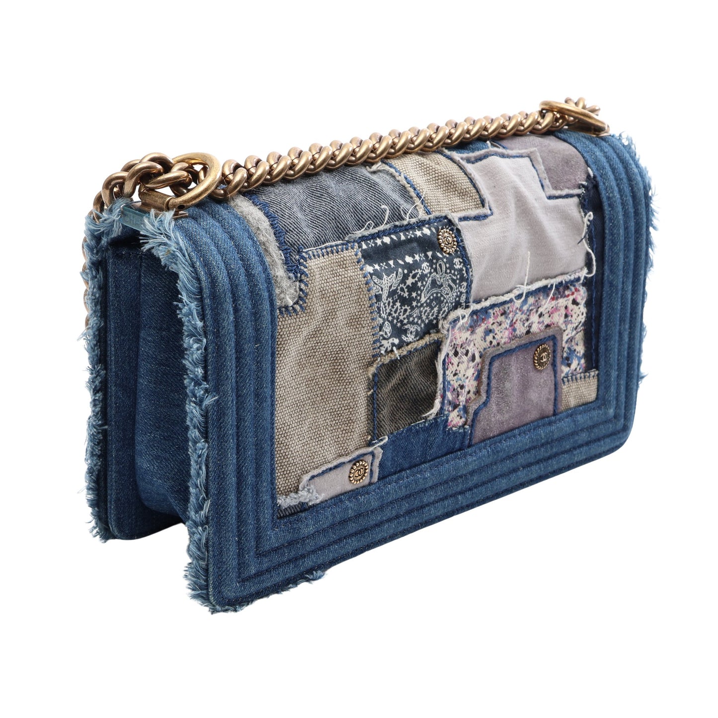 ボーイシャネル パッチワーク チェーンショルダーバッグ デニム ブルー ゴールド金具 シャネル