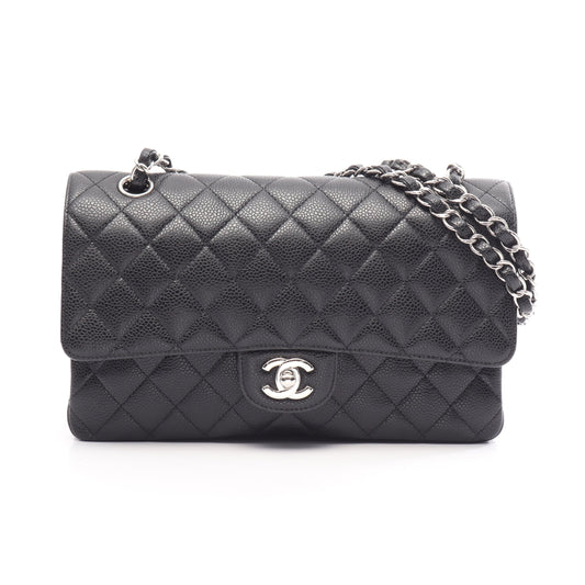 マトラッセ Wフラップ Wチェーンショルダーバッグ キャビアスキン ブラック シルバー金具 シャネル バッグ CHANEL
