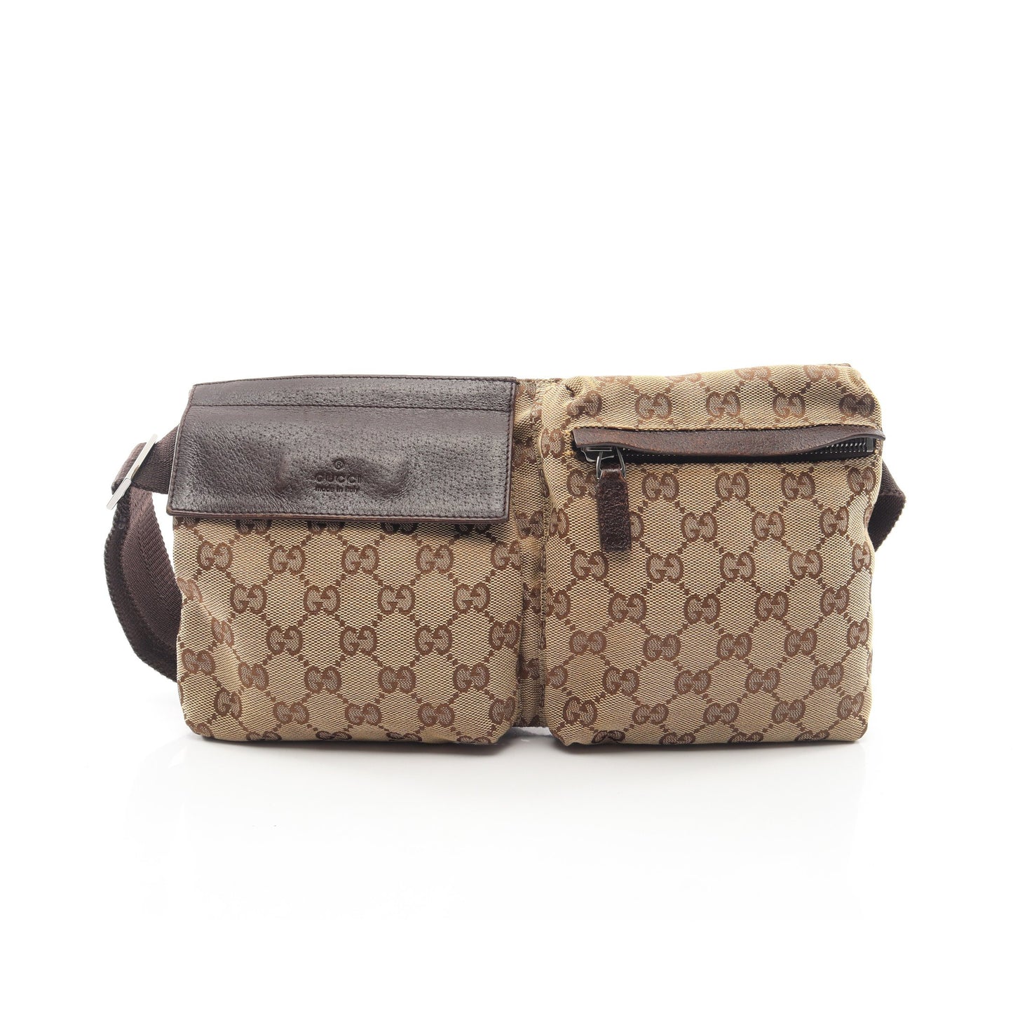 GGキャンバス ボディバッグ ウエストバッグ キャンバス レザー ベージュ ダークブラウン グッチ バッグ GUCCI
