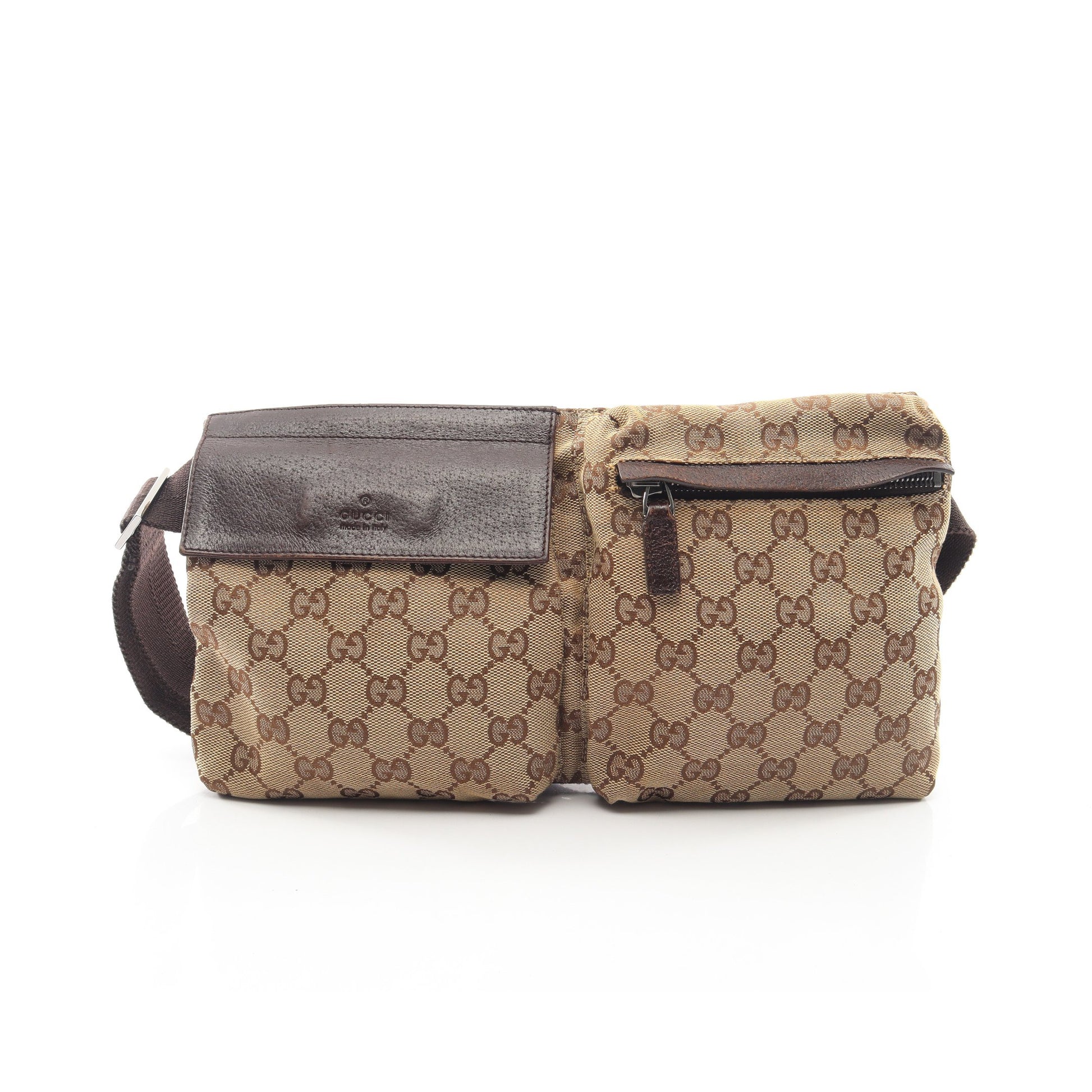 GGキャンバス ボディバッグ ウエストバッグ キャンバス レザー ベージュ ダークブラウン グッチ バッグ GUCCI