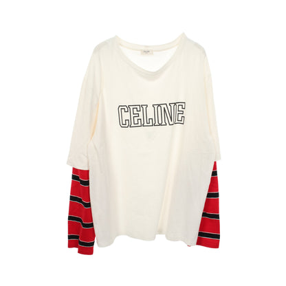 フェイクレイヤード ロゴ ボーダー 長袖Tシャツ コットン ホワイト レッド ブラック セリーヌ