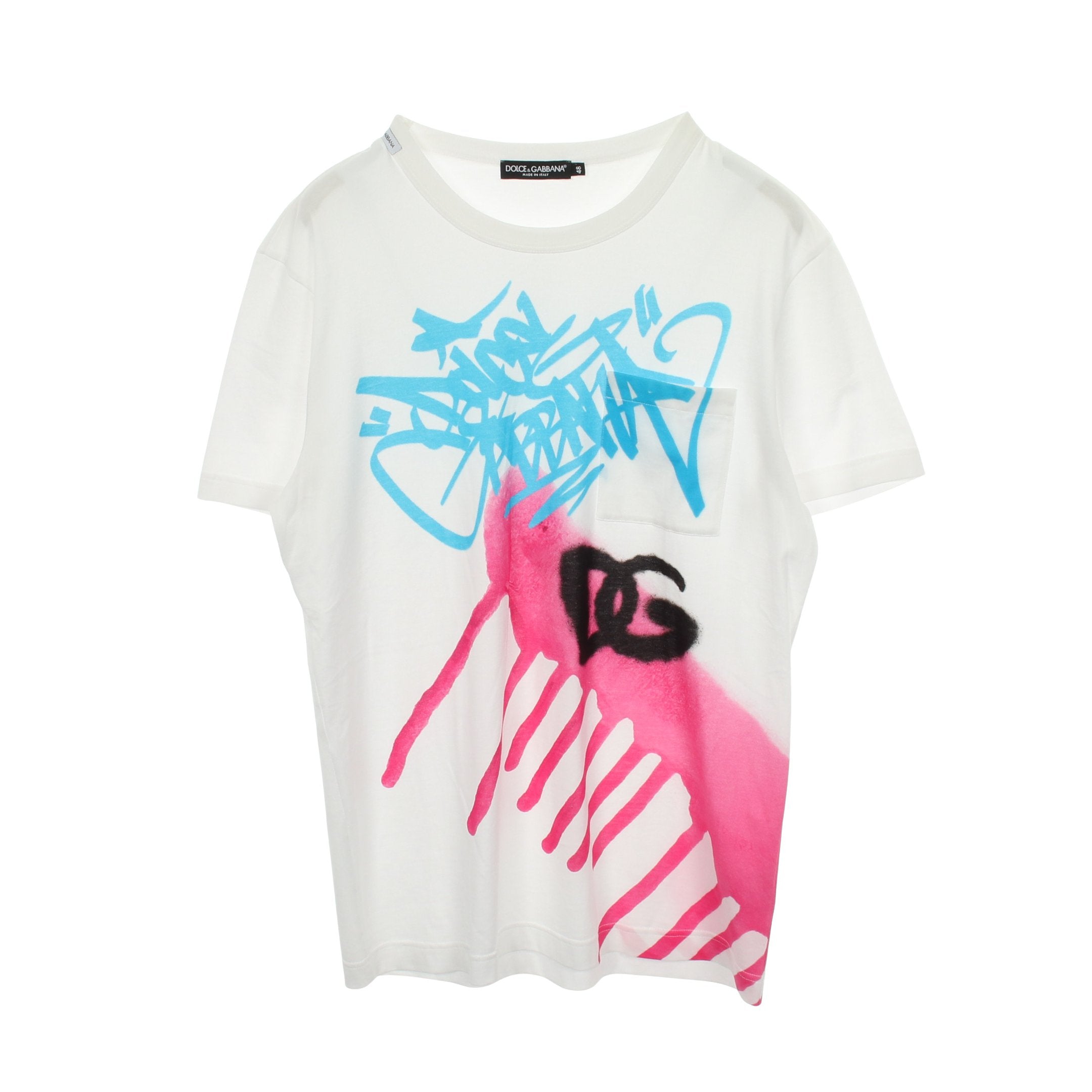 D&G ドルチェアンドガッバーナ ロゴプリント 半袖カットソー グラフィティプリント ポケット付き 半袖Tシャツ コットン ホワイト