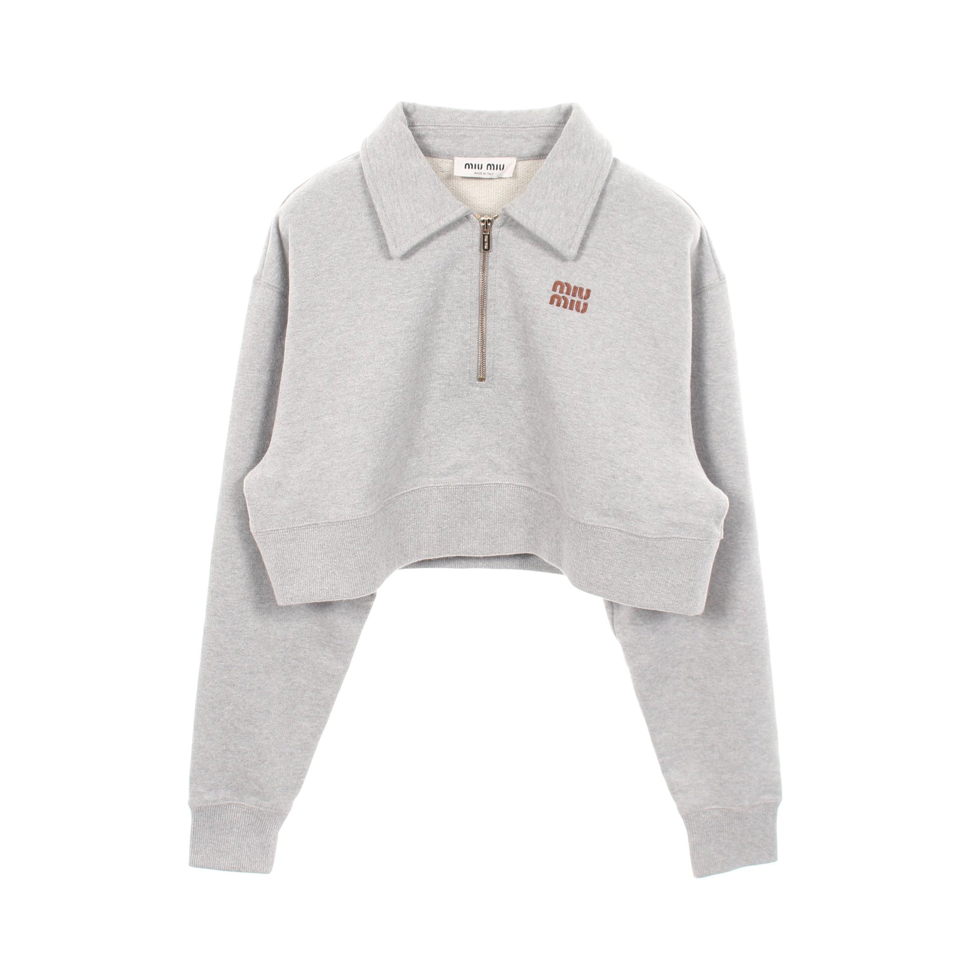 ハーフジッパー クロップド ロゴ スウェットシャツ コットン グレー ミュウミュウ トップス miu miu