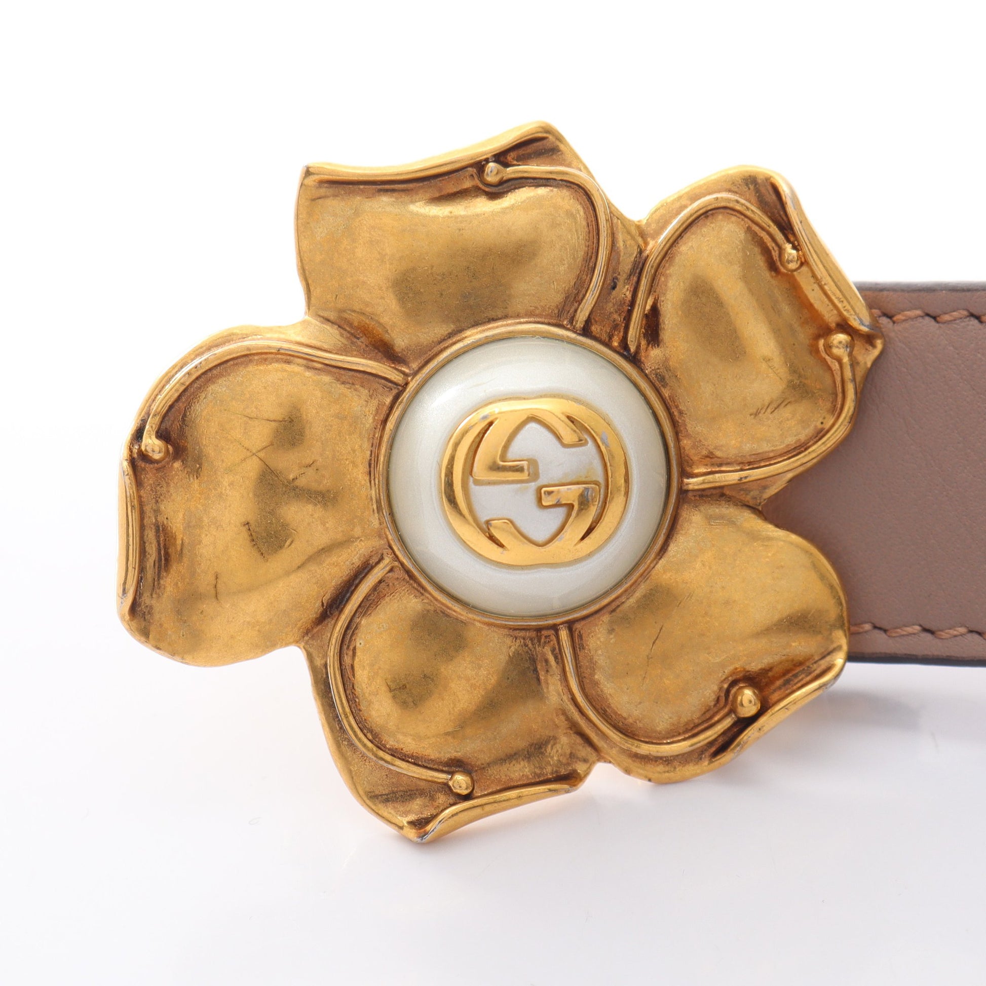 メタルフラワー ゴールド金具 ベルト レザー ダスティピンク グッチ 財布・小物 GUCCI