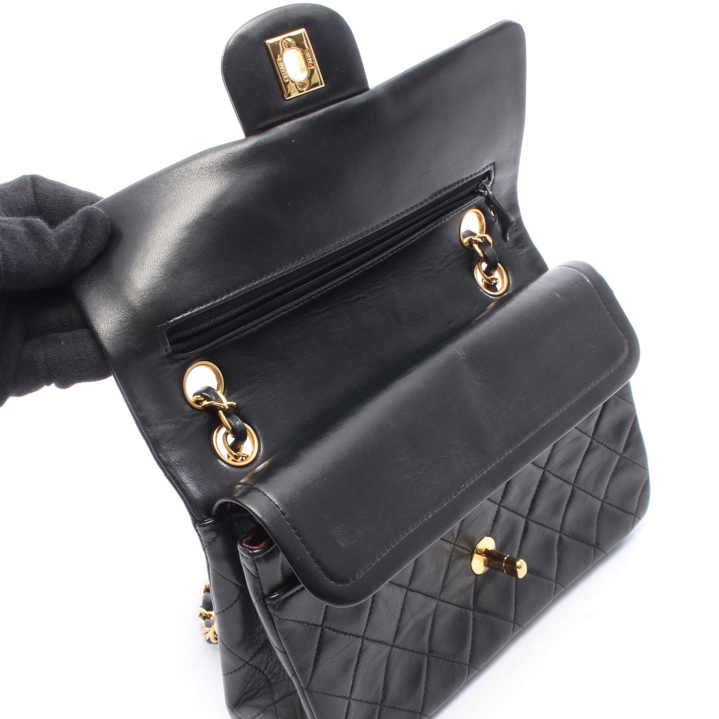マトラッセ Wフラップ Wチェーンショルダーバッグ ラムスキン ブラック ゴールド金具 シャネル バッグ CHANEL