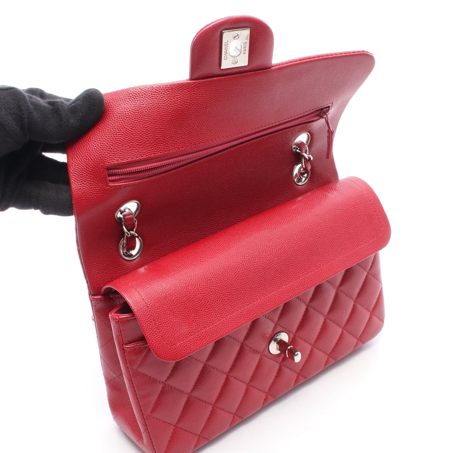 マトラッセ Wフラップ Wチェーンショルダーバッグ キャビアスキン レッド シルバー金具 シャネル