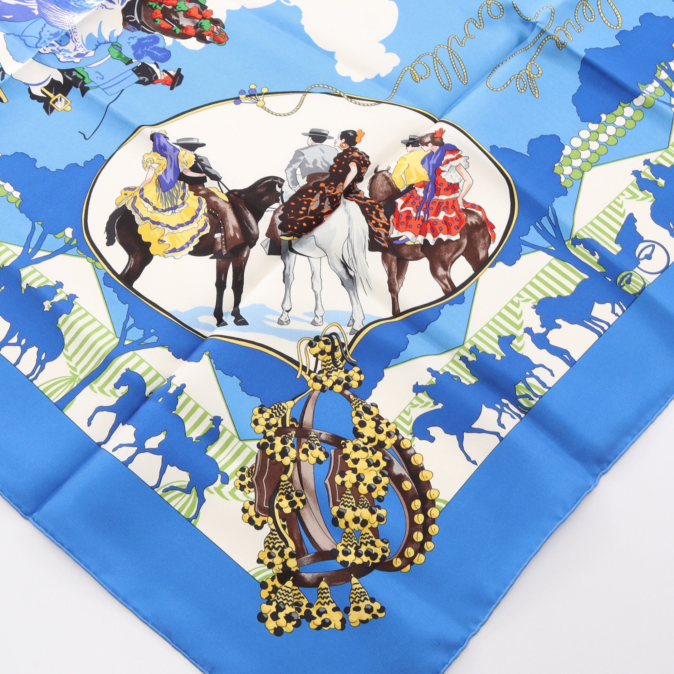 カレ90 feria de sevilla スカーフ シルク ブルー マルチカラー