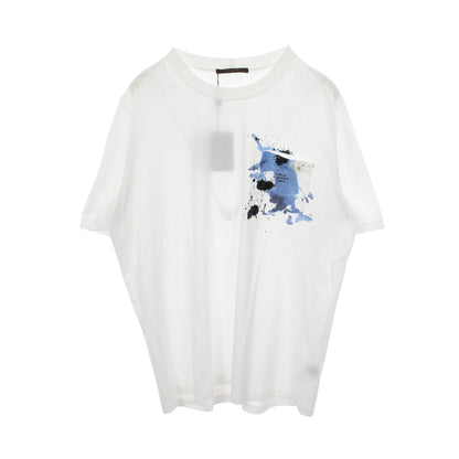 ポケット付き プリント クルーネック 半袖Tシャツ コットン ホワイト ブルー ルイヴィトン