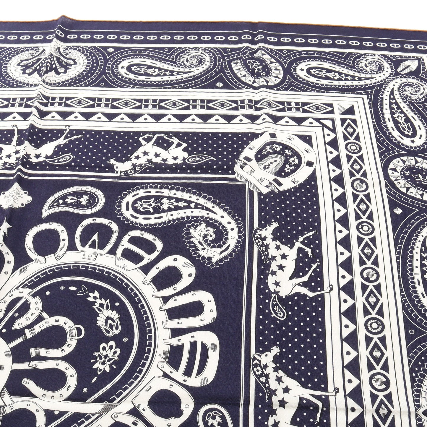 カレジェアン カレ140 Cheval de Coeur Bandana スカーフ ショール カシミヤ シルク ネイビー ホワイト エルメス 財布・小物 HERMES
