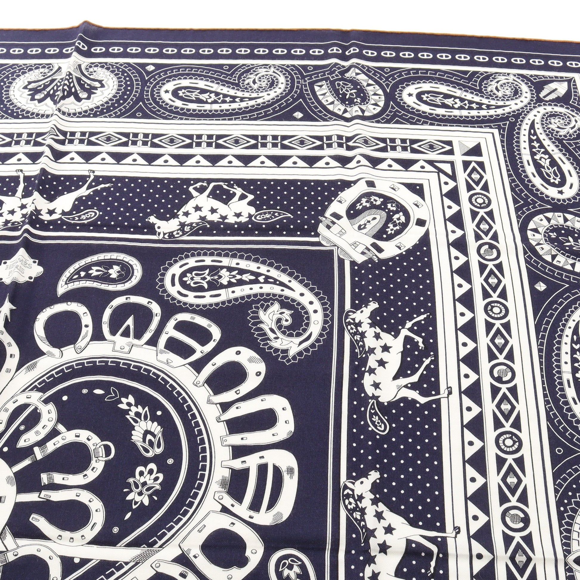 カレジェアン カレ140 Cheval de Coeur Bandana スカーフ ショール カシミヤ シルク ネイビー ホワイト エルメス 財布・小物 HERMES