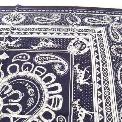 カレジェアン カレ140 Cheval de Coeur Bandana スカーフ ショール カシミヤ シルク ネイビー ホワイト エルメス 財布・小物 HERMES