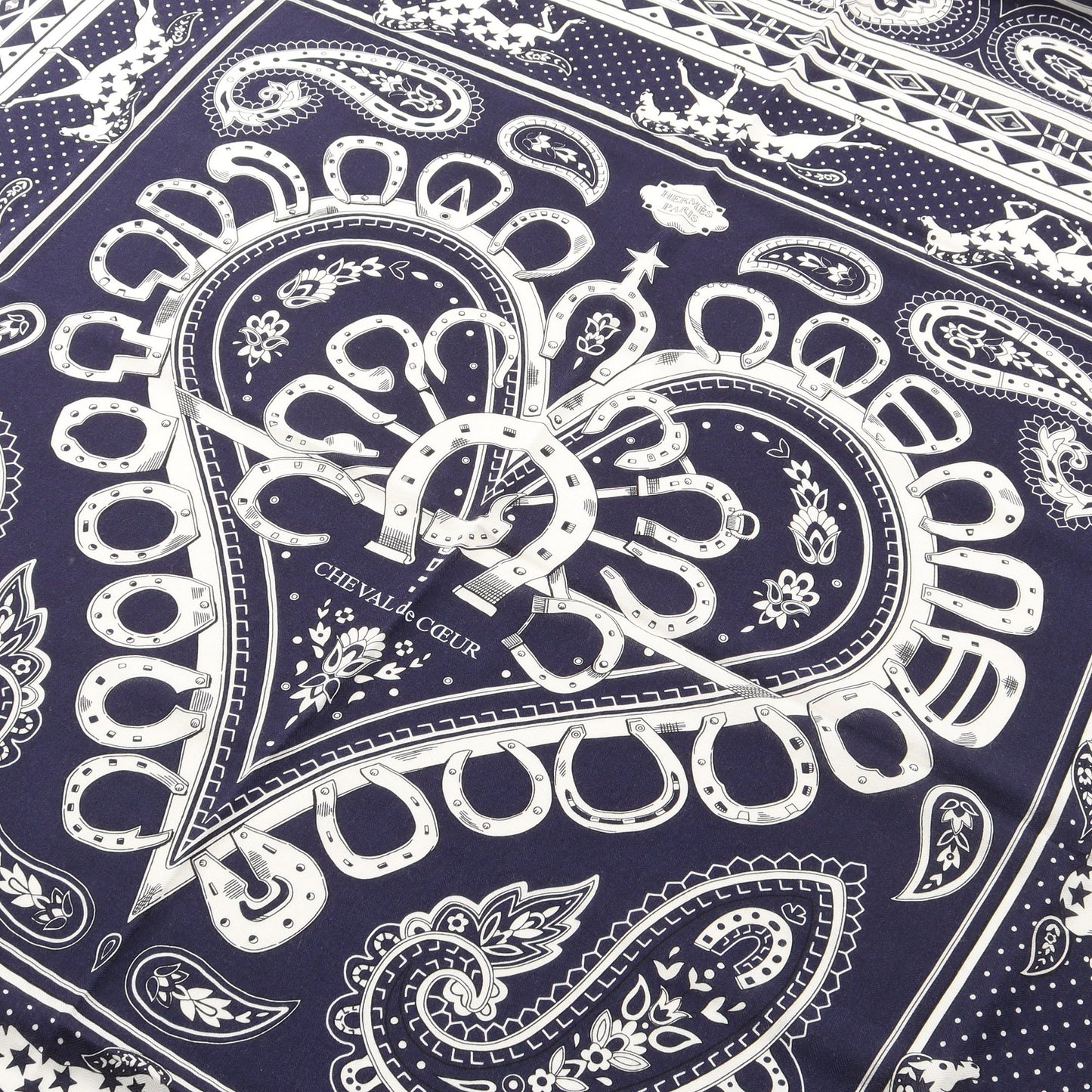 カレジェアン カレ140 Cheval de Coeur Bandana スカーフ ショール カシミヤ シルク ネイビー ホワイト エルメス 財布・小物 HERMES