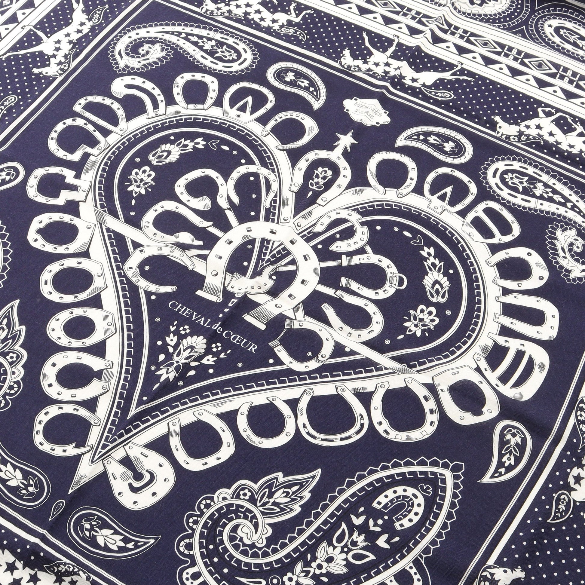 カレジェアン カレ140 Cheval de Coeur Bandana スカーフ ショール カシミヤ シルク ネイビー ホワイト エルメス 財布・小物 HERMES