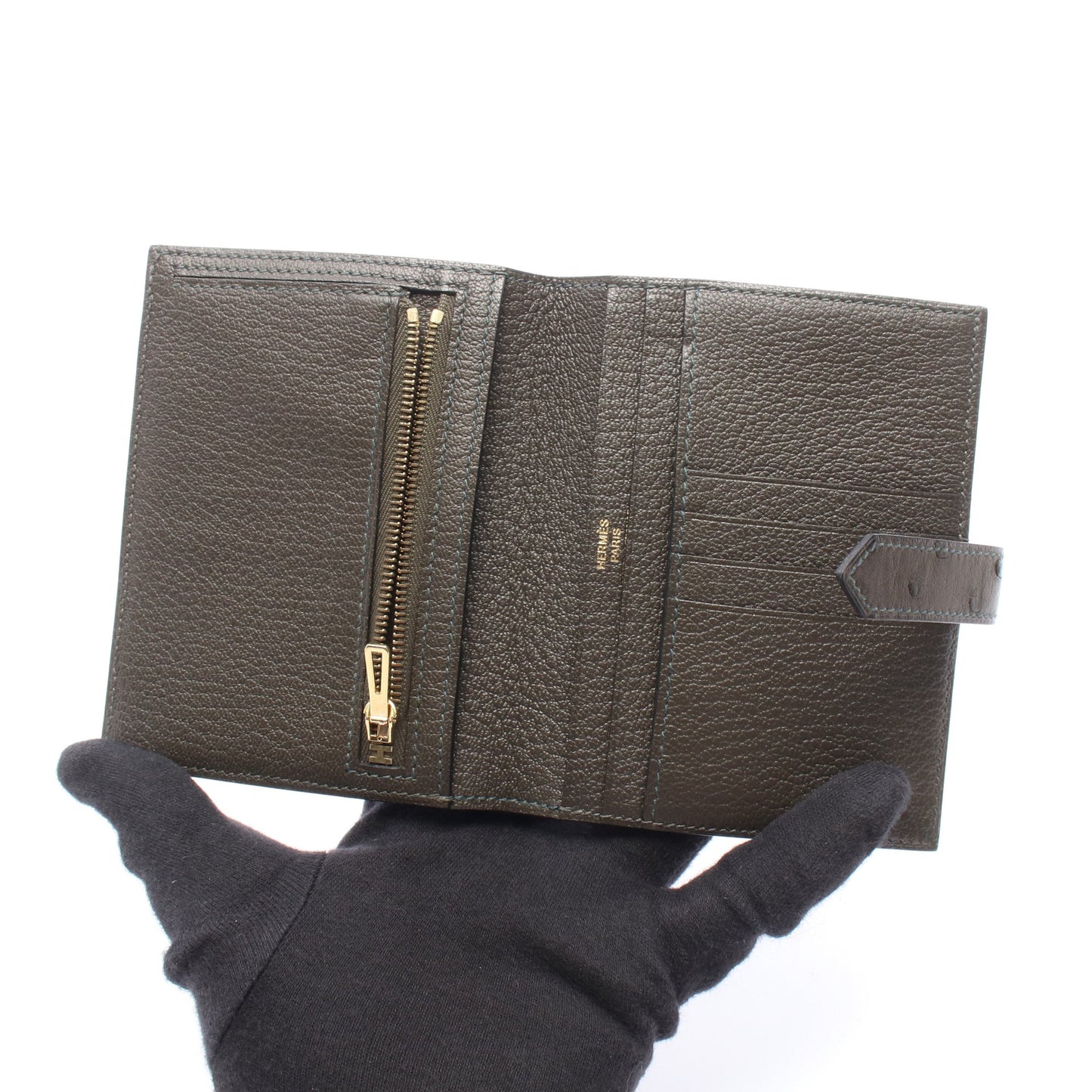 ベアンコンパクト 二つ折り財布 オーストリッチ カーキグリーン ゴールド金具 X刻印 エルメス