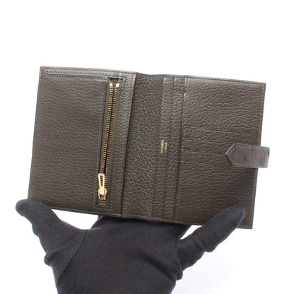 ベアンコンパクト 二つ折り財布 オーストリッチ カーキグリーン ゴールド金具 X刻印 エルメス