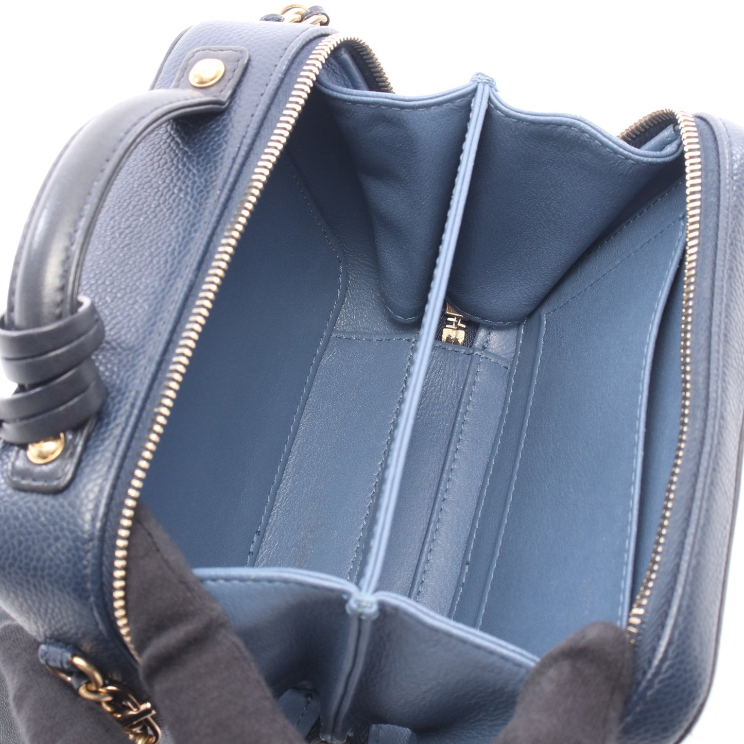 CCフィグリー スモール バニティバッグ 2WAY チェーンショルダーバッグ キャビアスキン レザー ネイビー ゴールド金具 シャネル