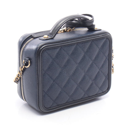 CCフィグリー スモール バニティバッグ 2WAY チェーンショルダーバッグ キャビアスキン レザー ネイビー ゴールド金具 シャネル