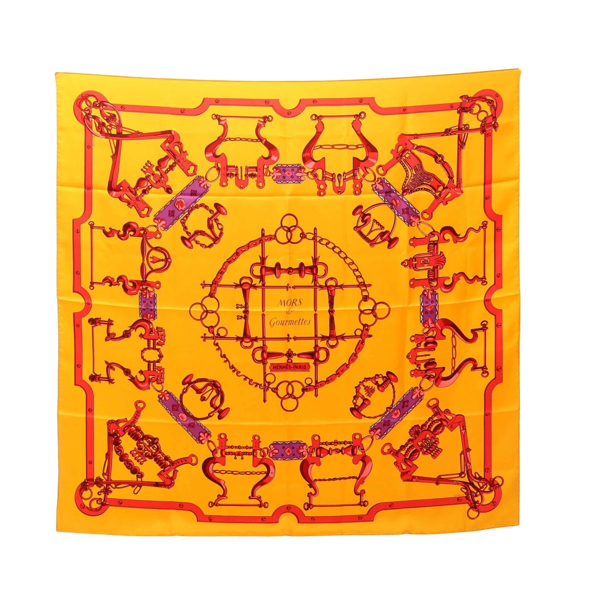 カレ90 Mors et Gourmettes スカーフ シルク オレンジイエロー レッド マルチカラー エルメス 財布・小物 HERMES