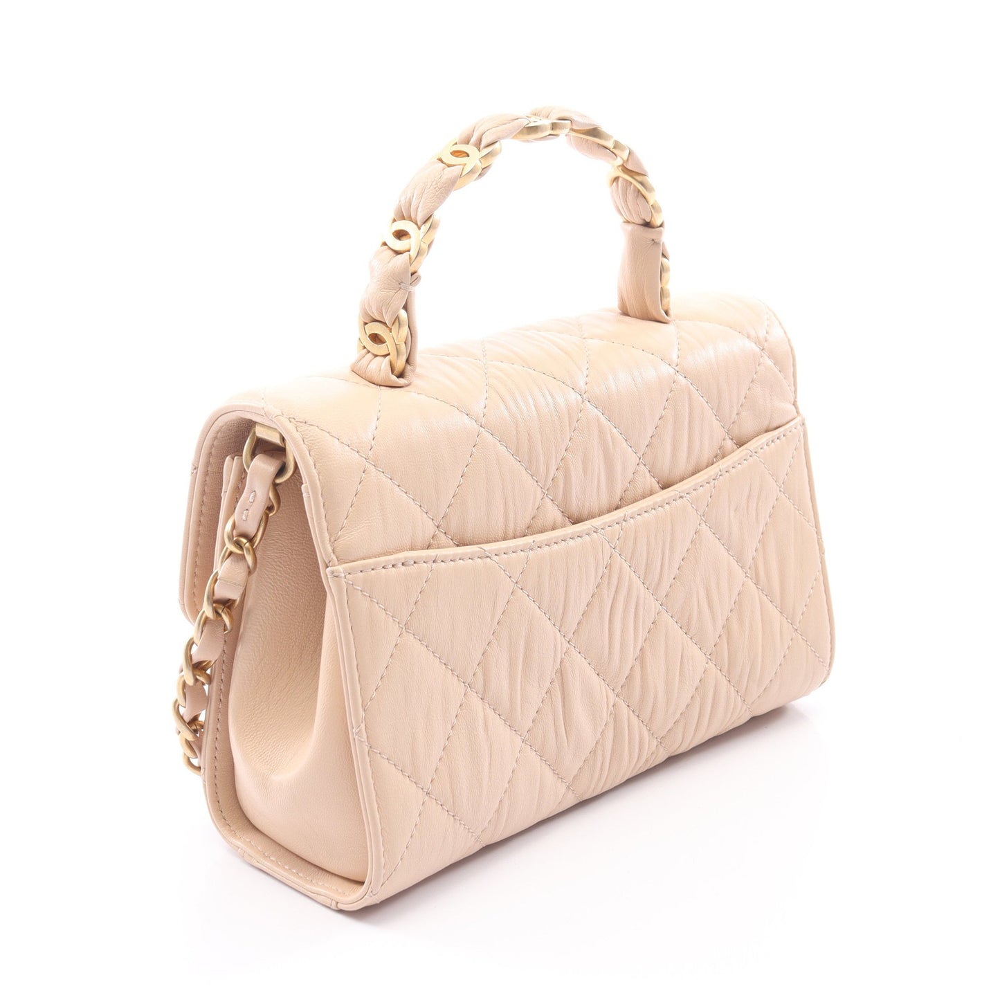 マトラッセ トップハンドル 2WAY チェーンショルダーバッグ レザー ベージュ ゴールド金具 シャネル