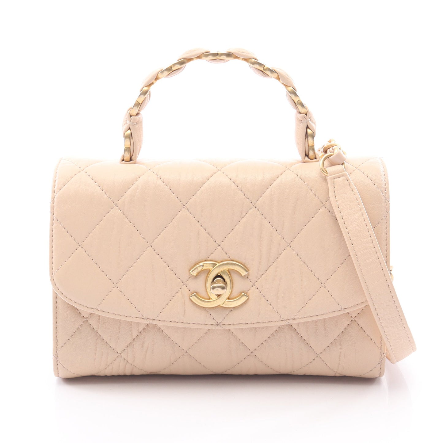 マトラッセ トップハンドル 2WAY チェーンショルダーバッグ レザー ベージュ ゴールド金具 シャネル