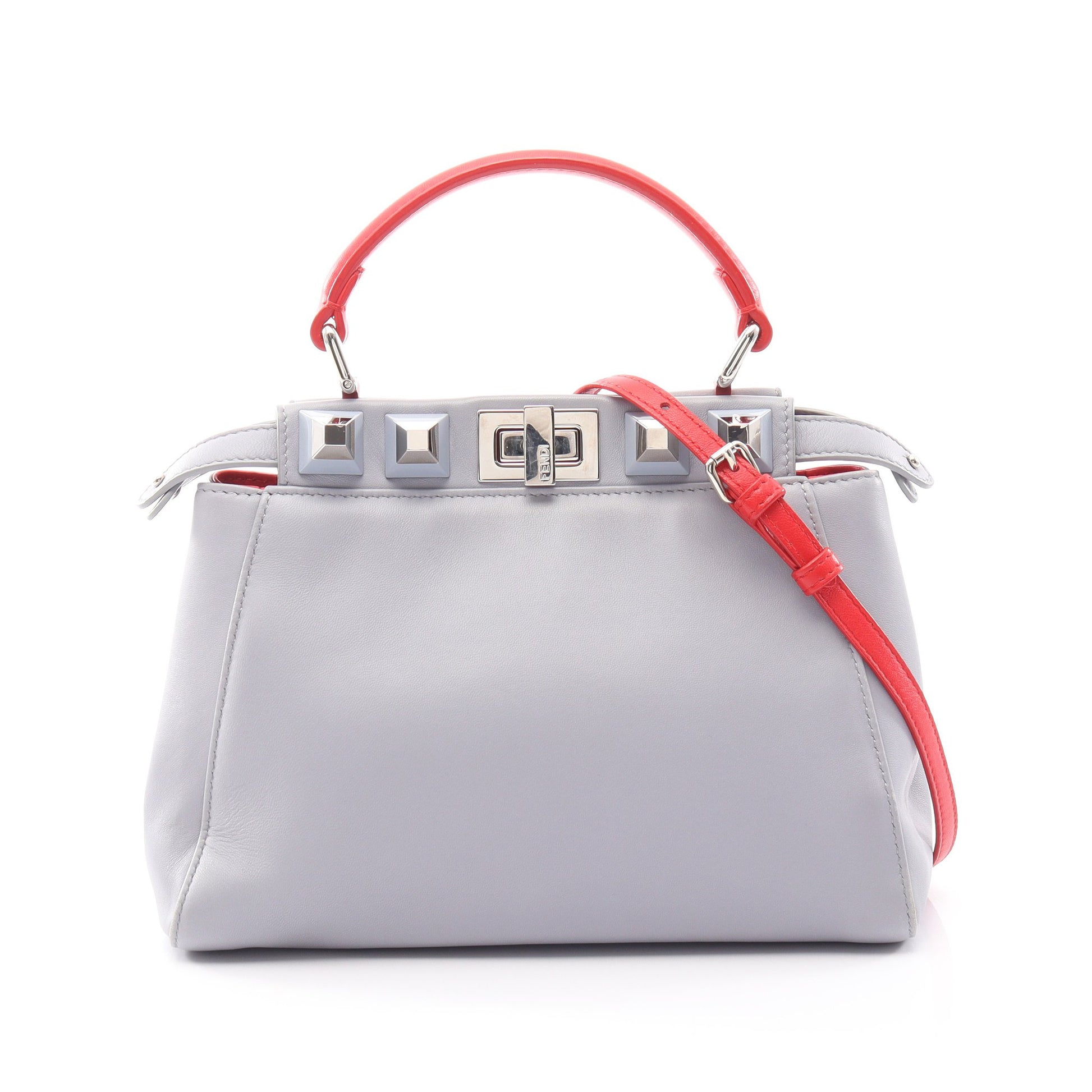 ミニピーカブー スタッズ 2WAY ハンドバッグ レザー ブルーグレー レッド フェンディ バッグ FENDI