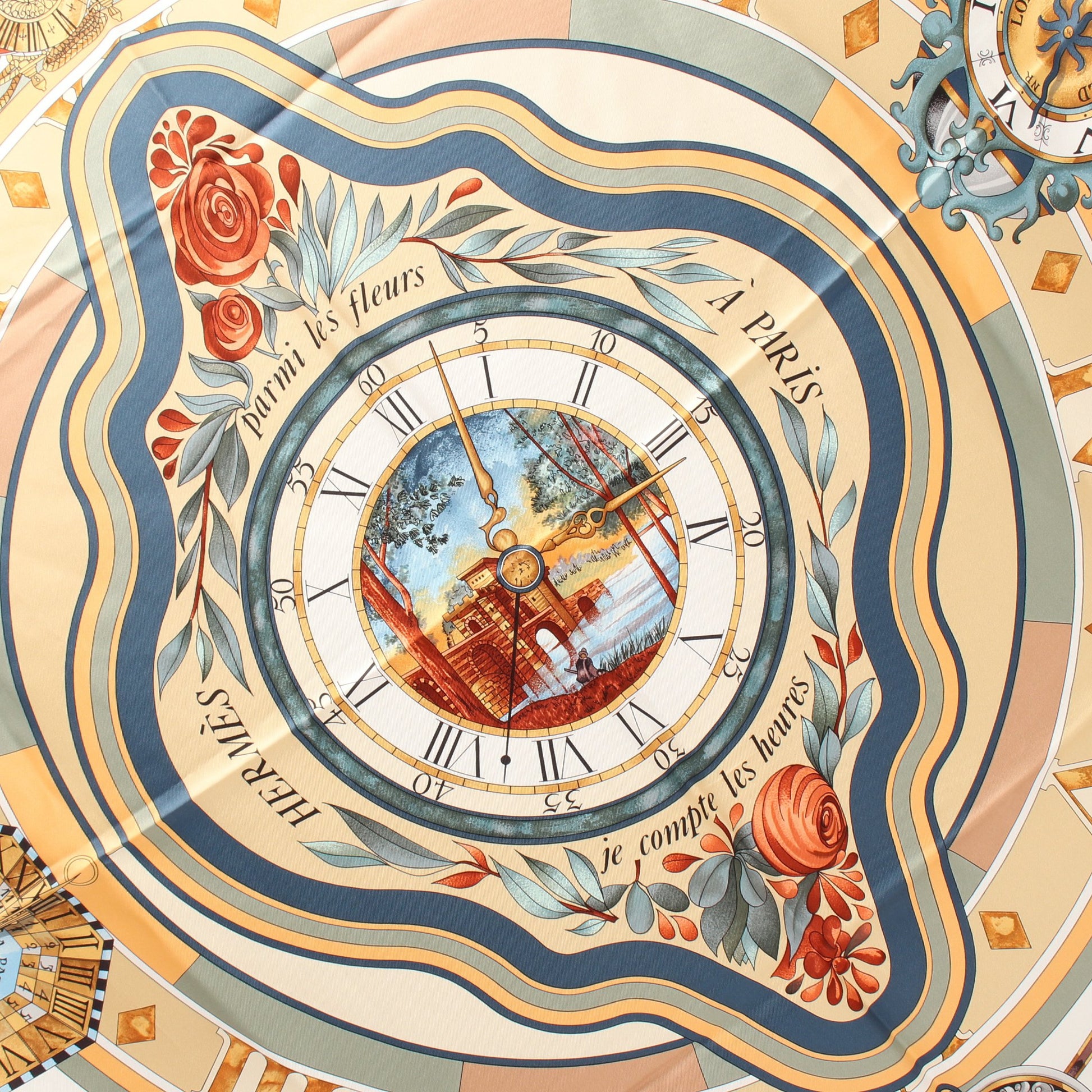 カレ90 parmi les fleurs je compte les heures スカーフ シルク ホワイト ブラック マルチカラー エルメス 財布・小物 HERMES