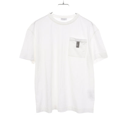 ビーズ ポケット付き 半袖Tシャツ シルク ホワイト ブルネロクチネリ