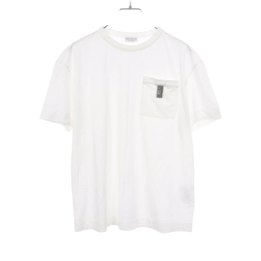 ビーズ ポケット付き 半袖Tシャツ シルク ホワイト ブルネロクチネリ