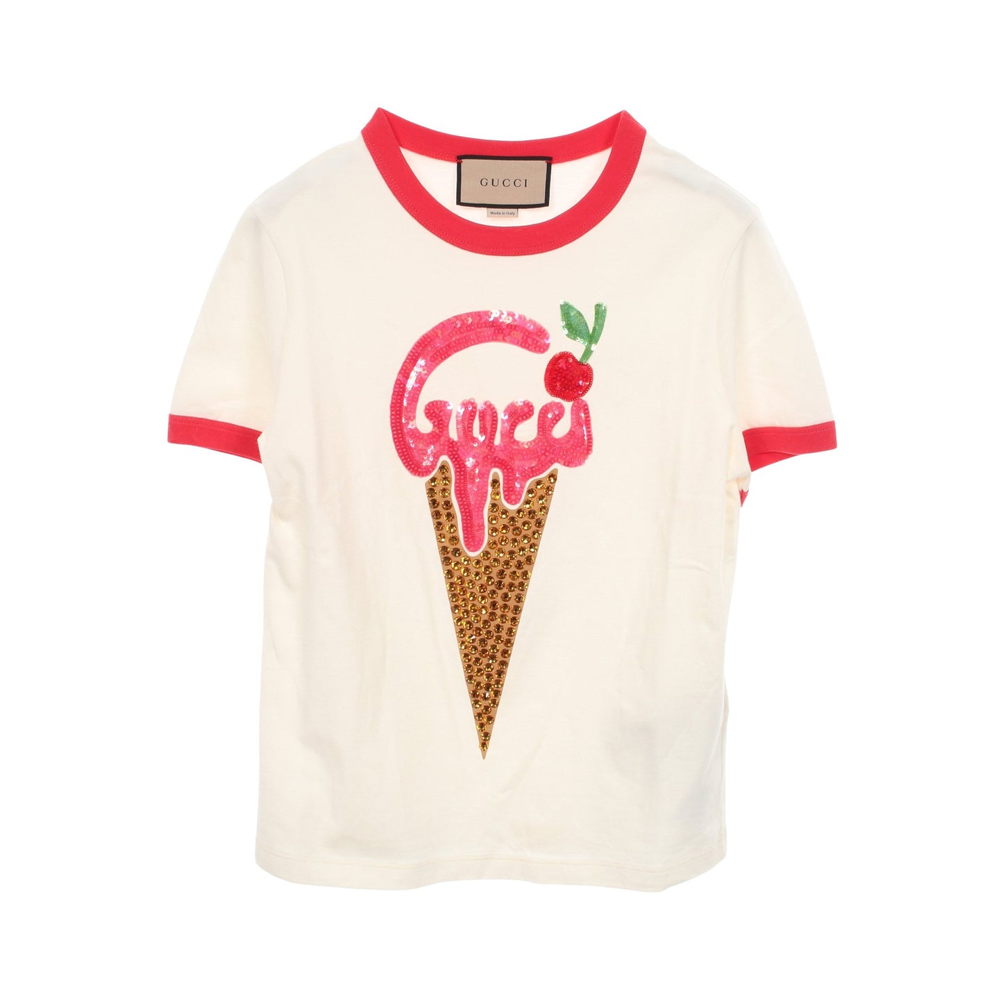 アイスクリーム スパンコール ラインストーン 半袖Tシャツ コットン ホワイト ピンクレッド マルチカラー グッチ