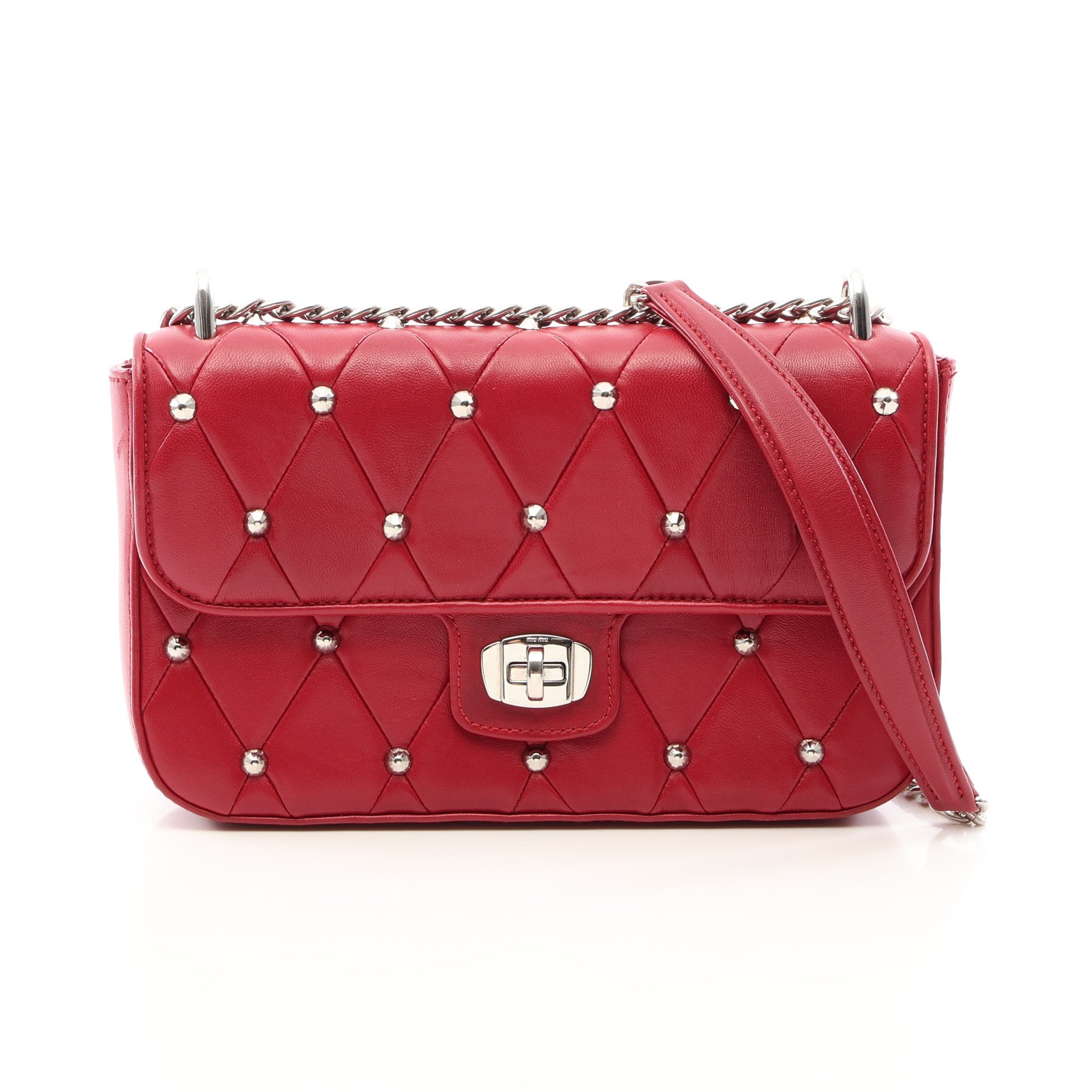 r*o様 miu miu たキルティング ショルダーバッグ レッド キルティング スタッズ チェーンショルダーバッグ レザー レッド