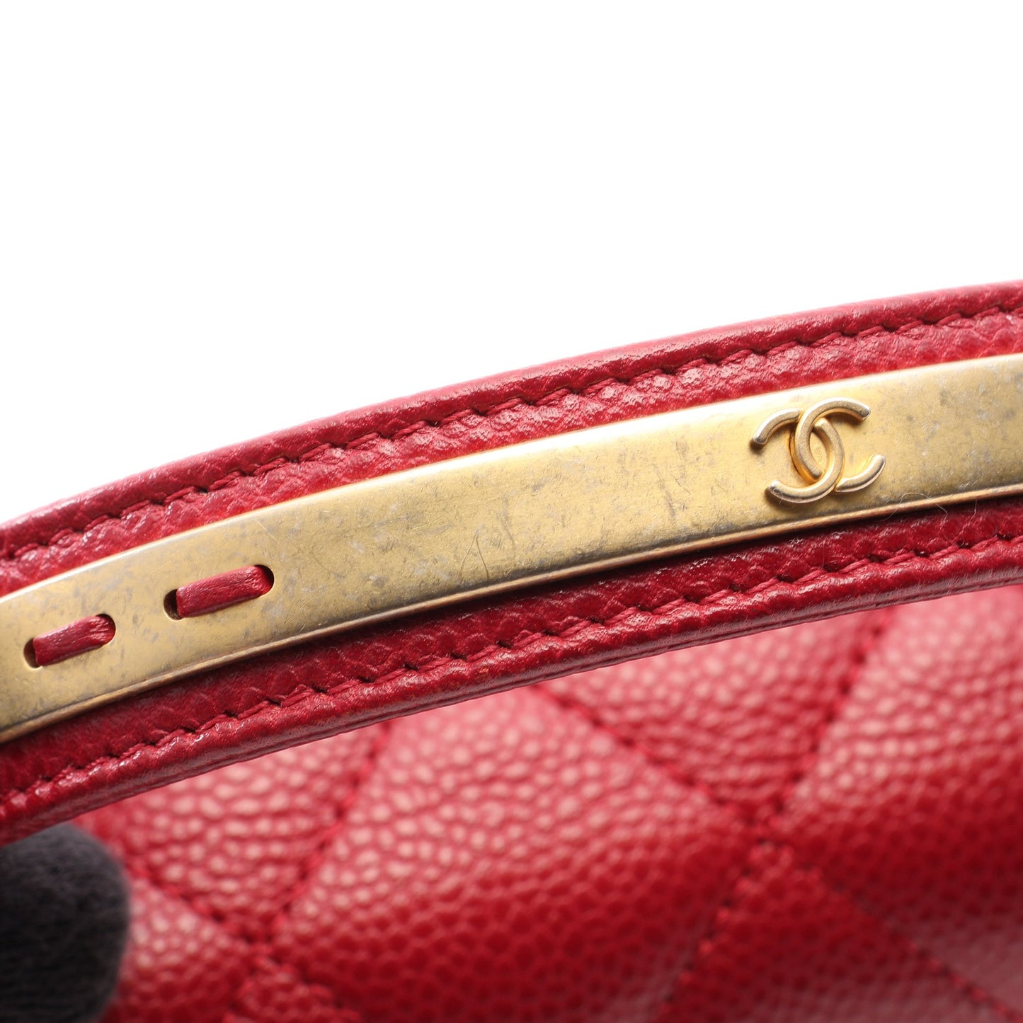 マトラッセ トップハンドル 2WAY チェーンショルダーバッグ キャビアスキン レッド ゴールド金具 シャネル