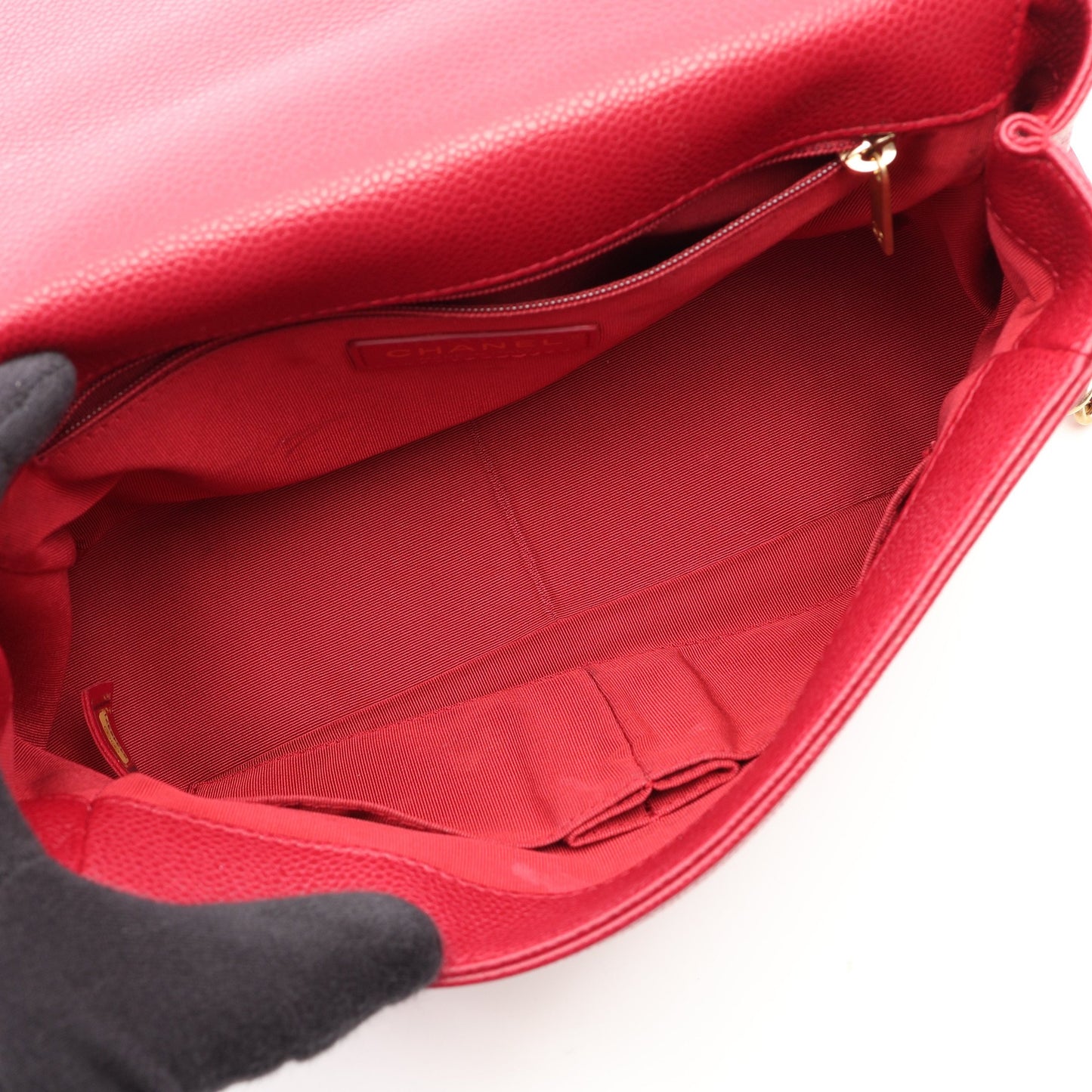 マトラッセ トップハンドル 2WAY チェーンショルダーバッグ キャビアスキン レッド ゴールド金具 シャネル