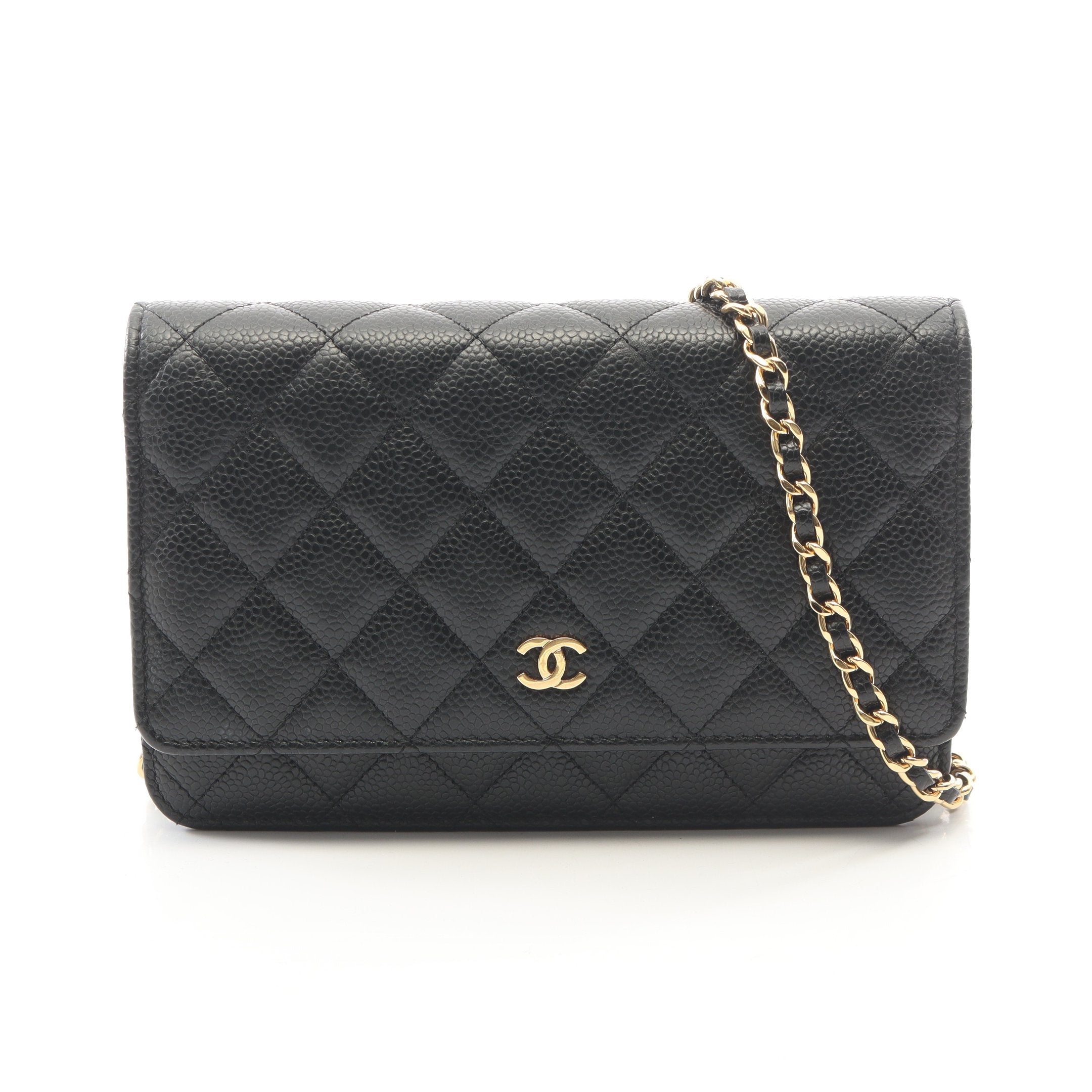 CHANEL チェーンウォレット キャビアスキン ゴールド金具 マトラッセ チェーンウォレット キャビアスキン ブラック ゴールド金具