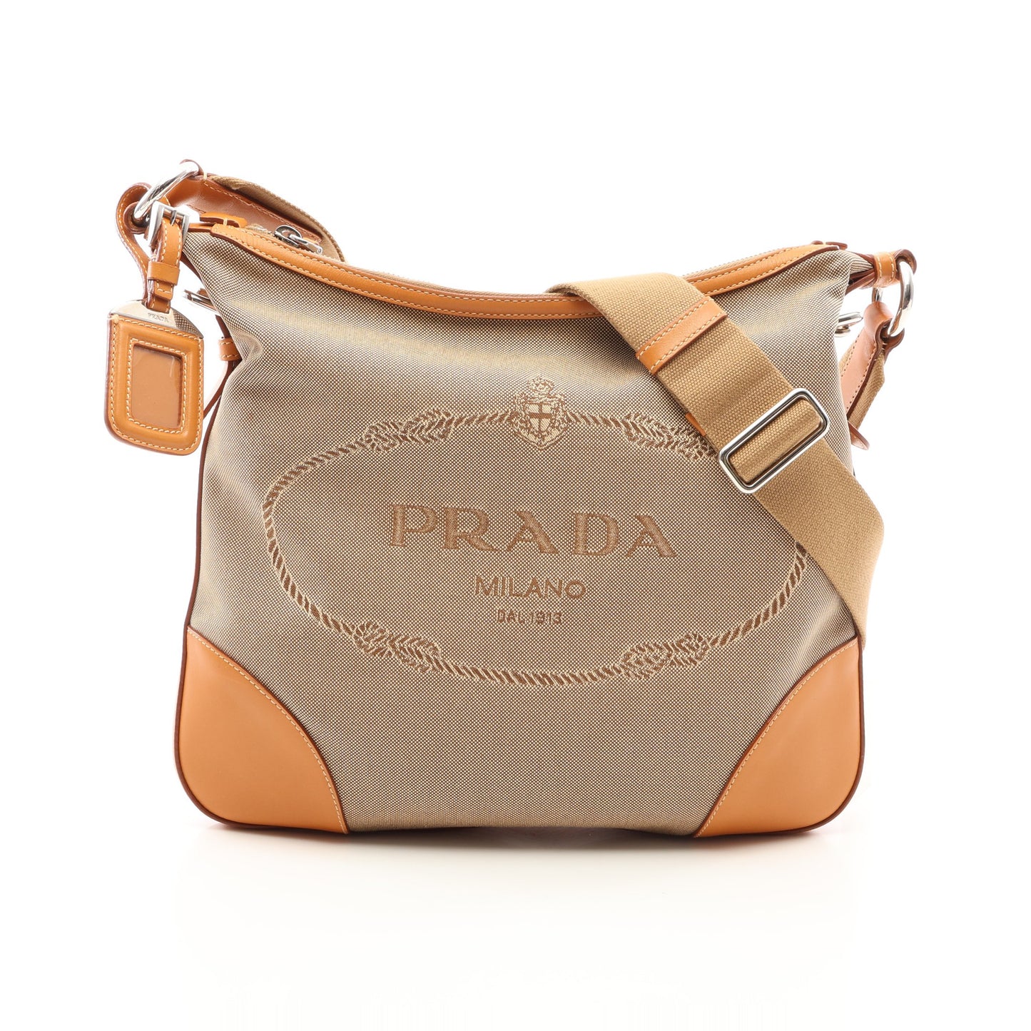 LOGO JACQUARD ロゴジャガード ショルダーバッグ キャンバス レザー ベージュ プラダ