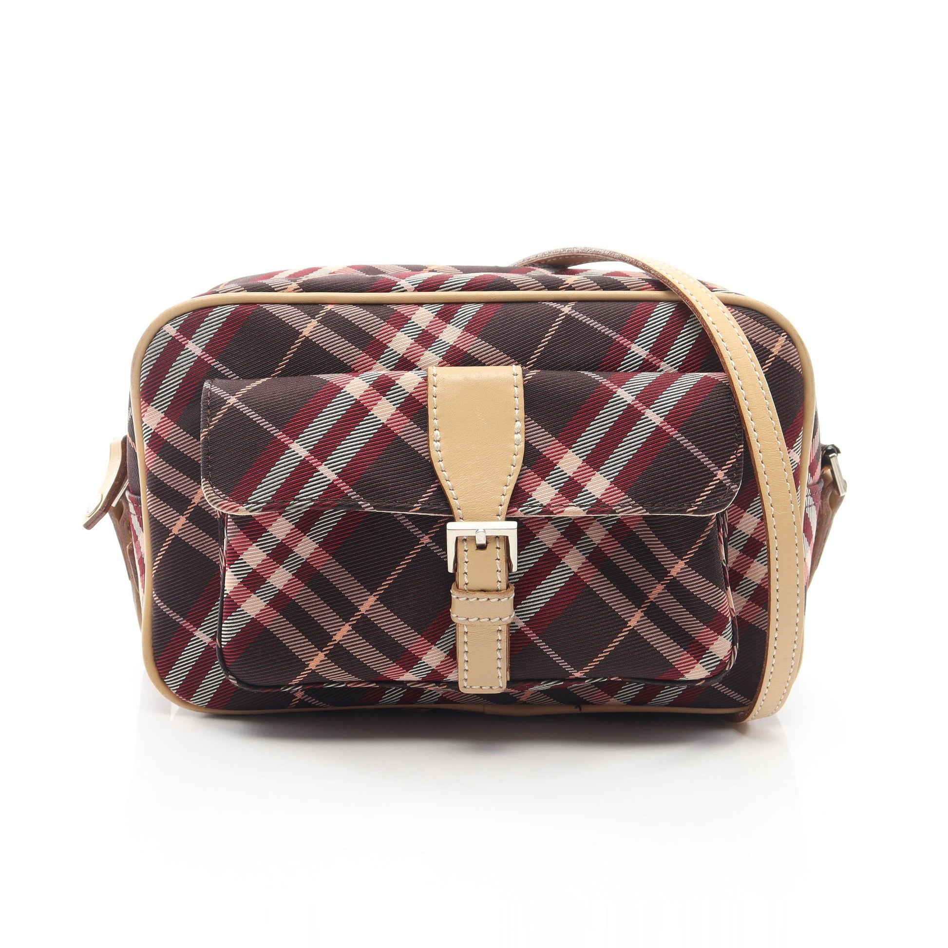 チェック ショルダーバッグ キャンバス レザー ボルドー ベージュ バーバリーブルーレーベル バッグ BURBERRY BLUE LABEL
