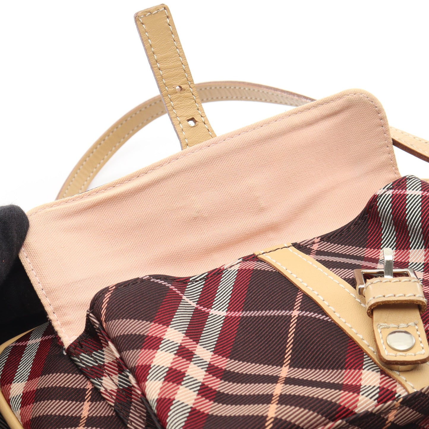 チェック ショルダーバッグ キャンバス レザー ボルドー ベージュ バーバリーブルーレーベル バッグ BURBERRY BLUE LABEL