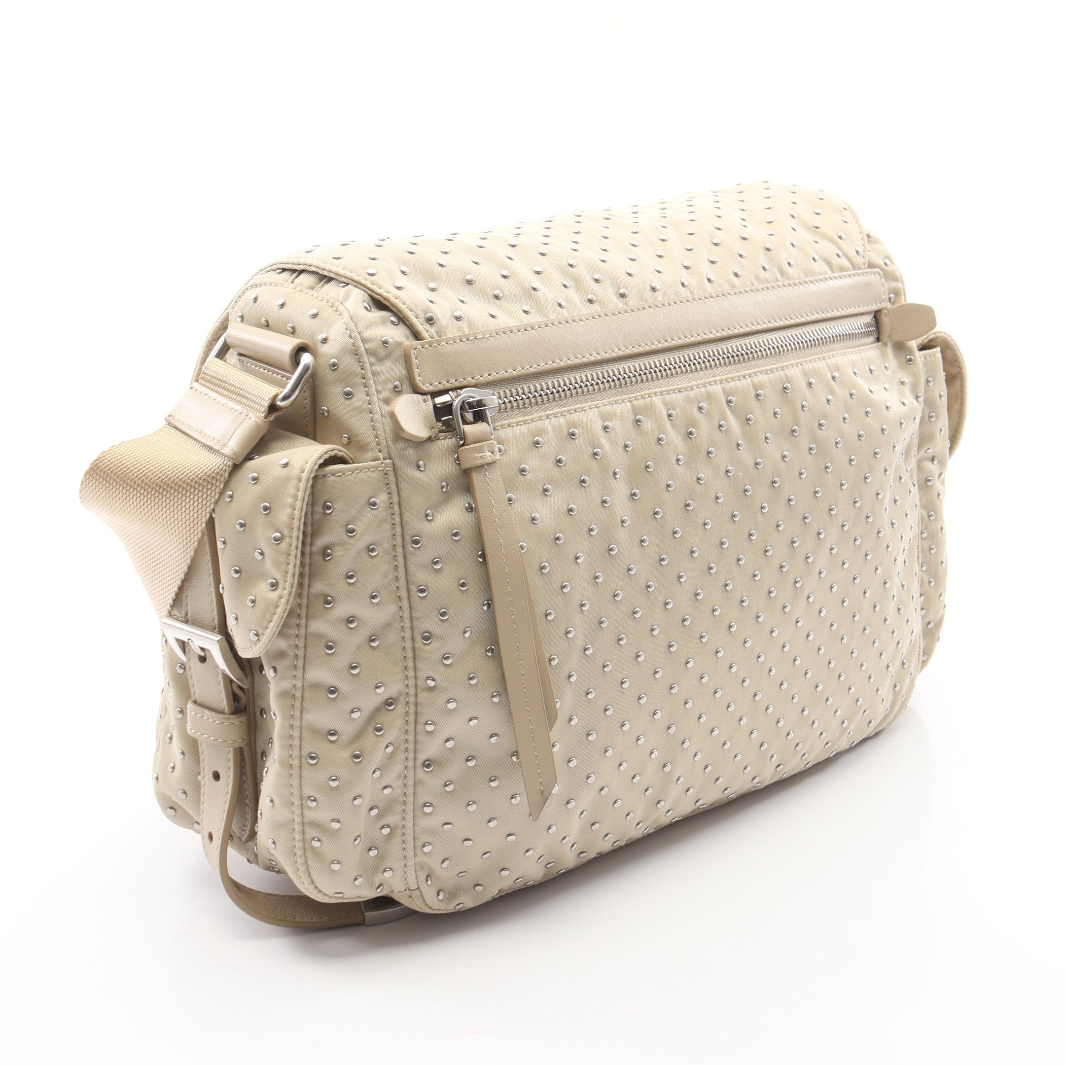 Re-Nylon スタッズ ショルダーバッグ ナイロン レザー ベージュ プラダ