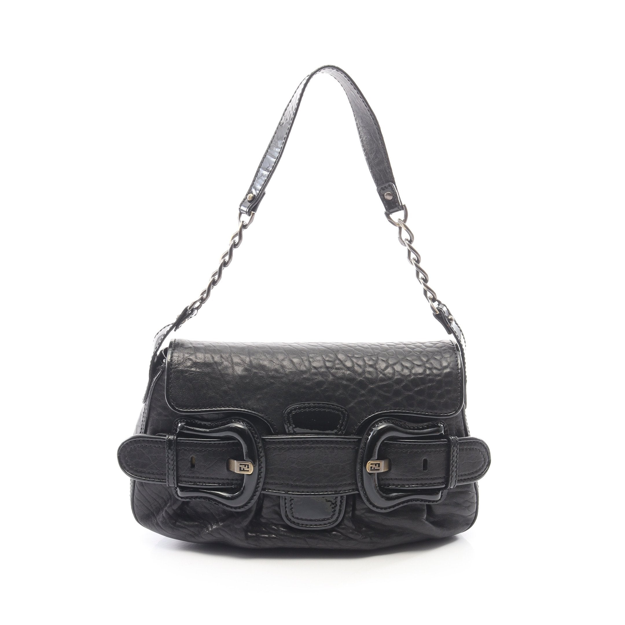 FENDI ブラックレザー　ショルダーバッグ チェーンショルダーバッグ レザー エナメルレザー ブラック フェンディ