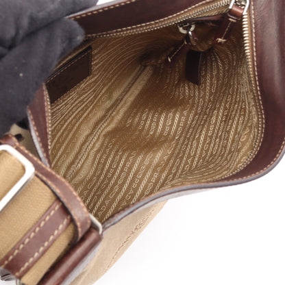 LOGO JACQUARD ロゴジャガード ショルダーバッグ キャンバス レザー ベージュ ブラウン プラダ