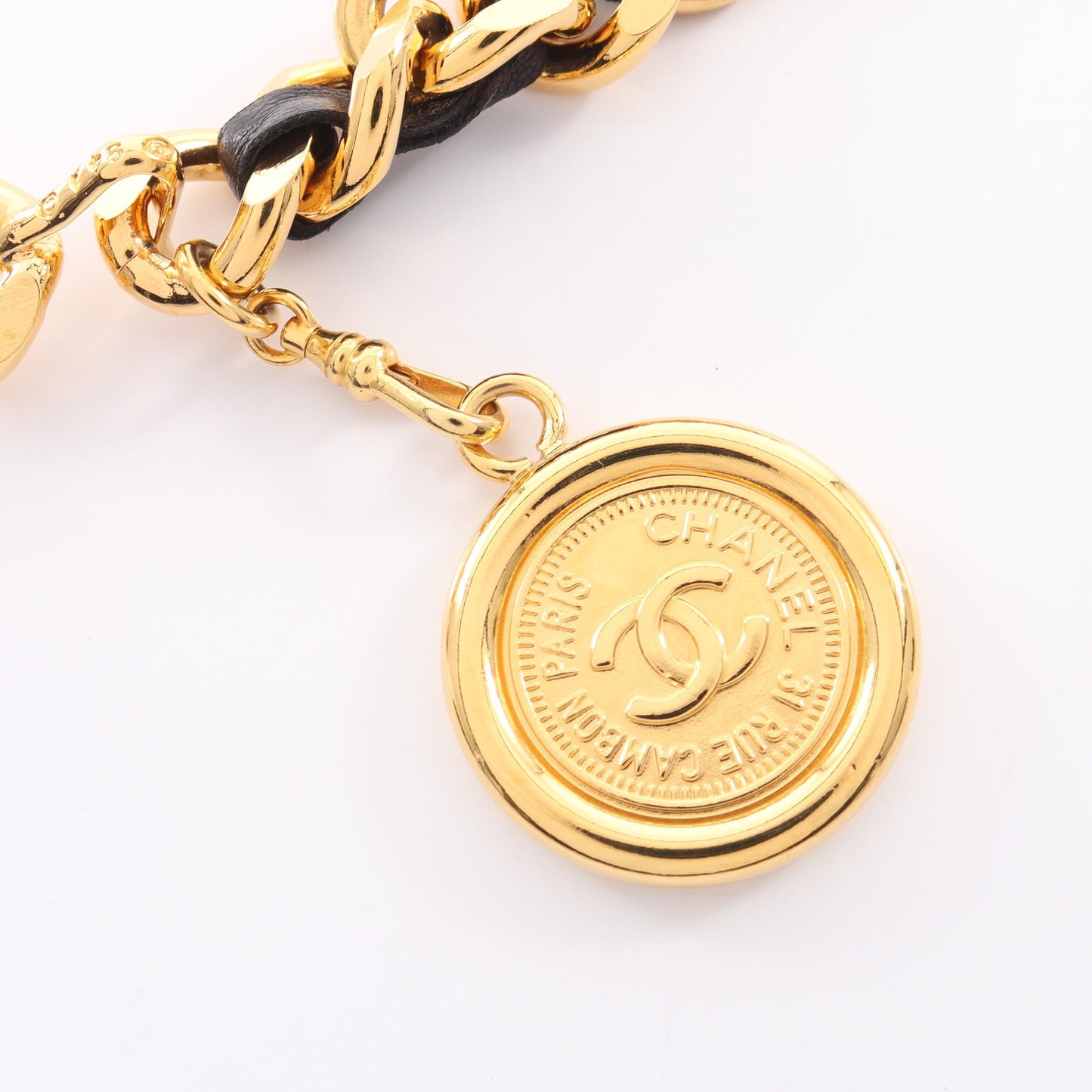 ココマーク メダル チェーン ベルト レザー GP ゴールド ブラック ゴールド金具 94A シャネル