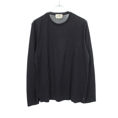 H刺繍 クルーネック 長袖Tシャツ コットン ブラック エルメス